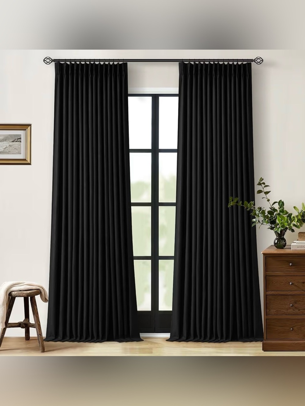 Black Pinch Pleated Linen 100% Blackout Curtains 2 Panels 40x102